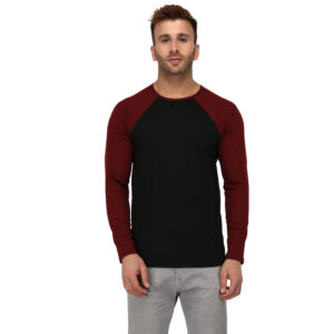 Cotton Raglan Round Neck Black Body & Maroon Sleeve Solid for Men's Cotton T-Shirt (Black and Maroon)